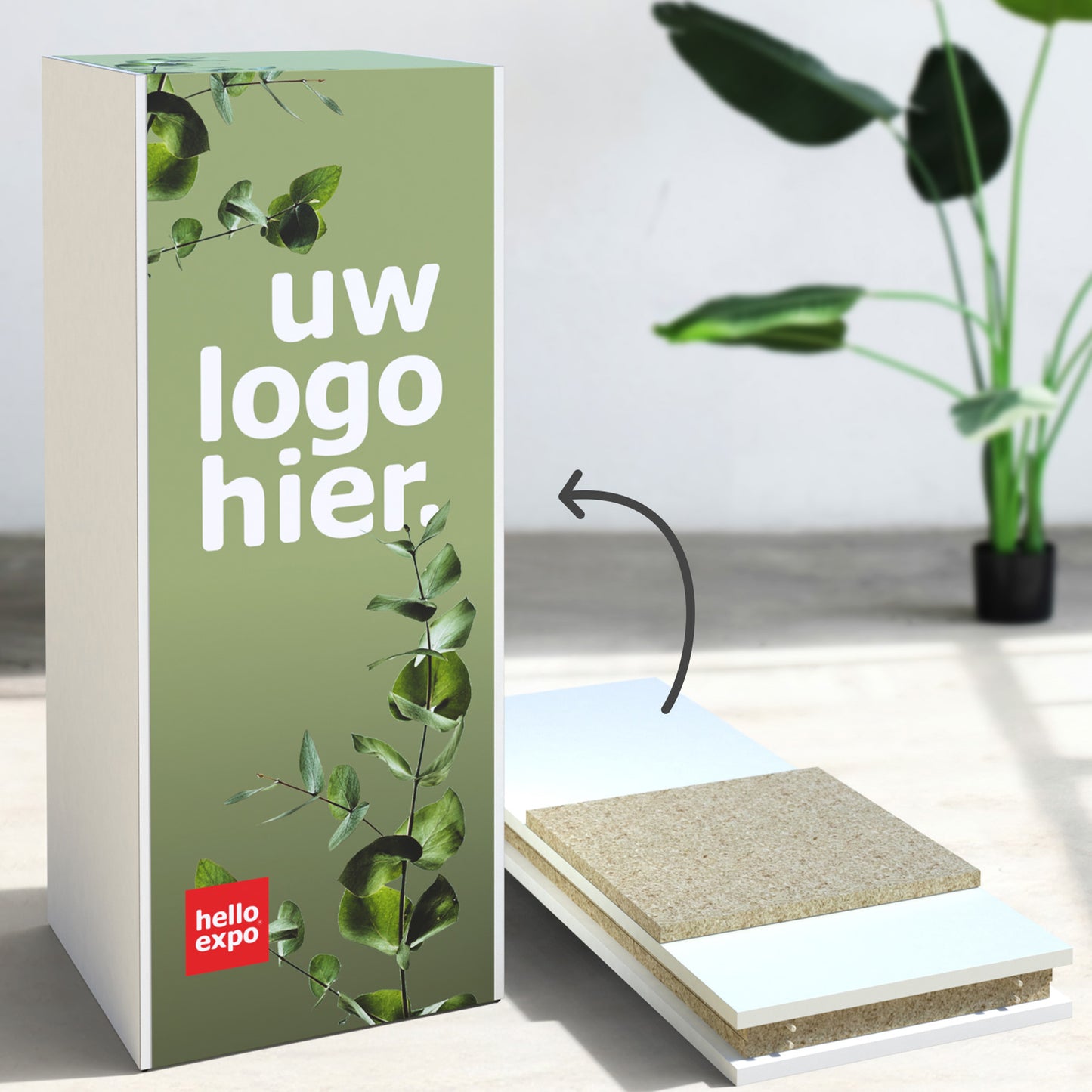 HelloExpo flat-pack zuil — zelf te monteren displayzuil met vlakverpakte onderdelen die eenvoudig in elkaar te zetten zijn.