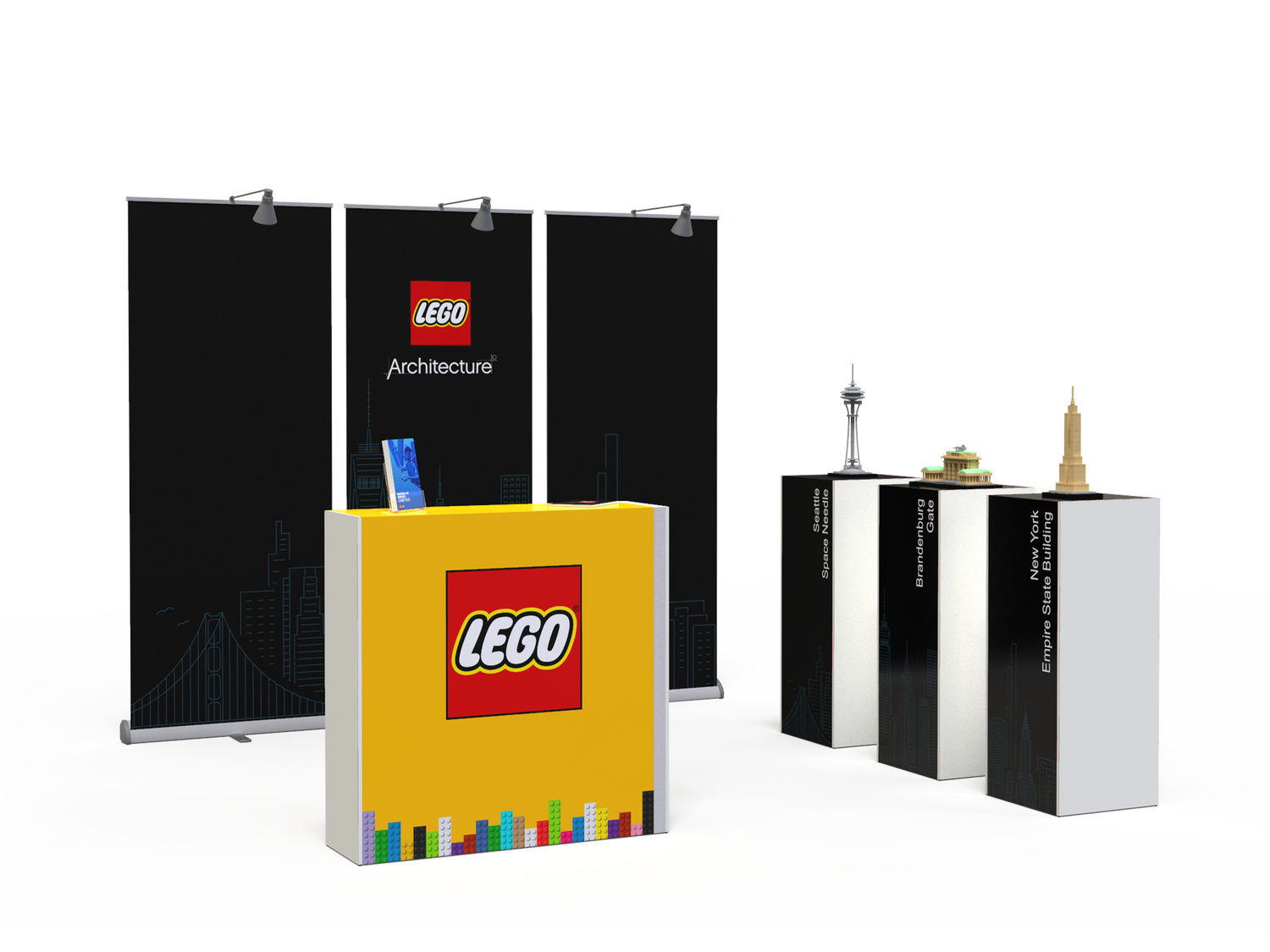 Inspiratie stand beurs voorbeeld Lego Architecture stand gemaakt van HelloExpo producten